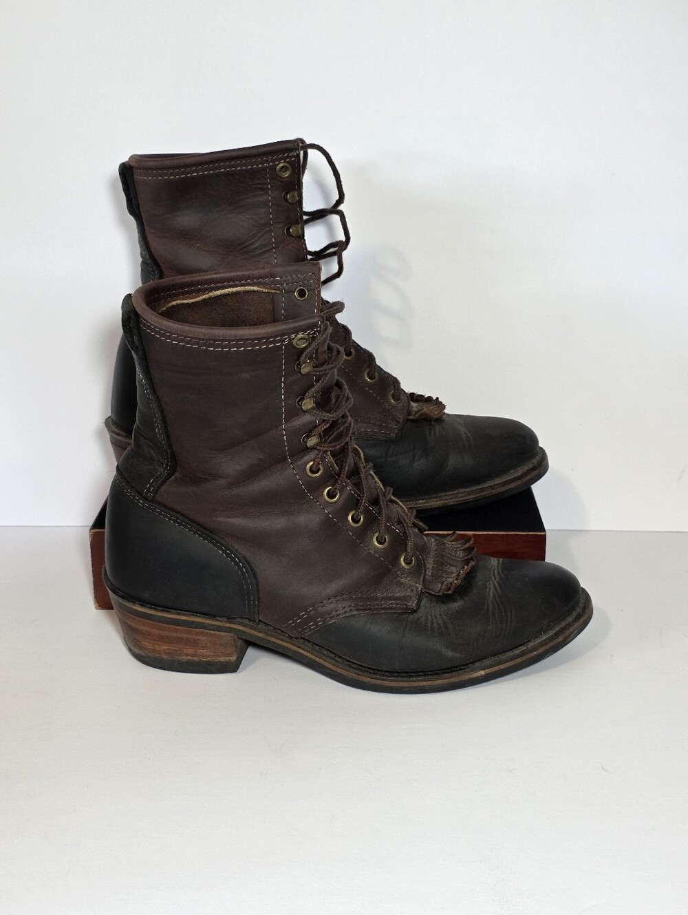 Santa Fe Boot Co Vintage Leather Logger Work Boots Brown Black Size 9 Vibram